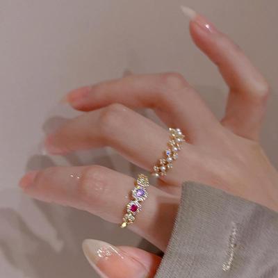 Micro-Inlaid Colored Zircon Pearl Ring: Korean Fashion Open Ring for Summer