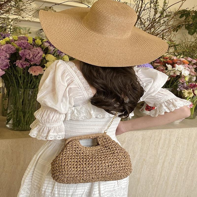 Elegant Summer Weave Chain Straw Bag Leisure Boho Straw Shoulder Bag Beach Casual Bucket Handbag For Ladies/Girls