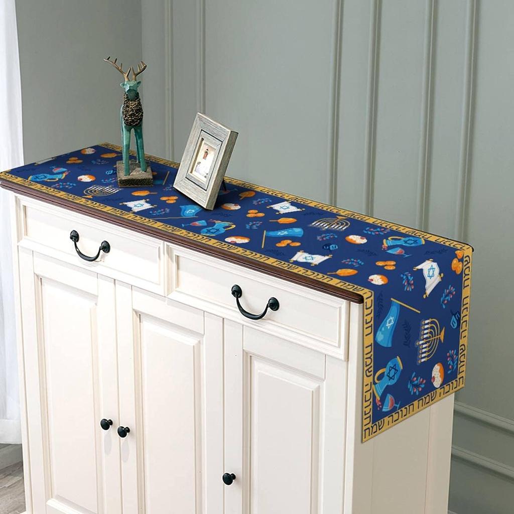 Hanukkah Linen Table Runner Holiday Party Decor Jewish Chanukah Dreidel Memorah Hebrew Kitchen Dinning Table Decoration