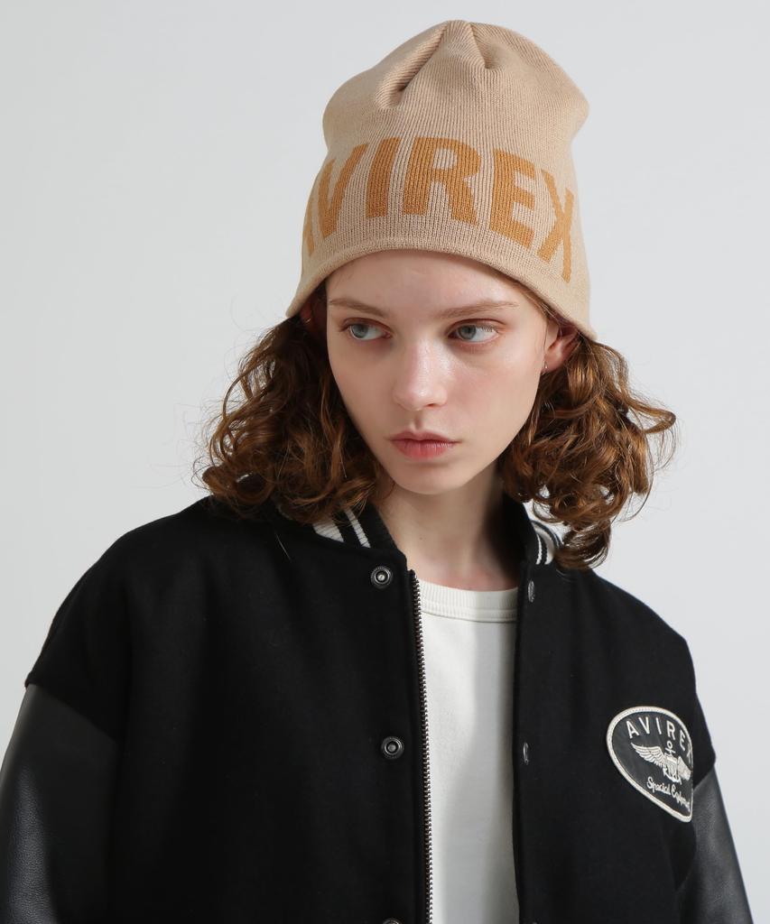 AVIREX LOGO BEANIE beige