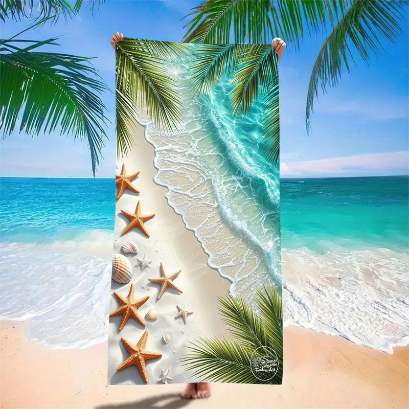 Starfish Shoreline Beach Towel Realistic Beach Scene With Seashells And Ocean Waves Quick Dry Sand Free Towel