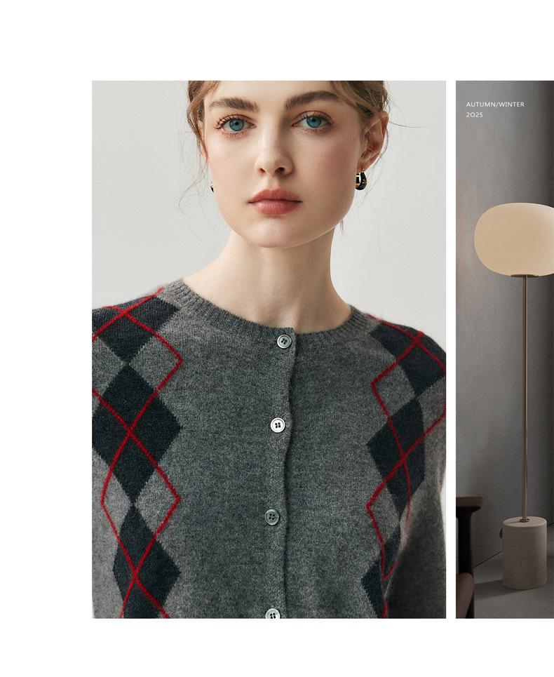 2026 Autumn/Winter Women's Cashmere Cardigan: Round Neck, Diamond Pattern, Contrast Color Knit Wool Sweater Coat