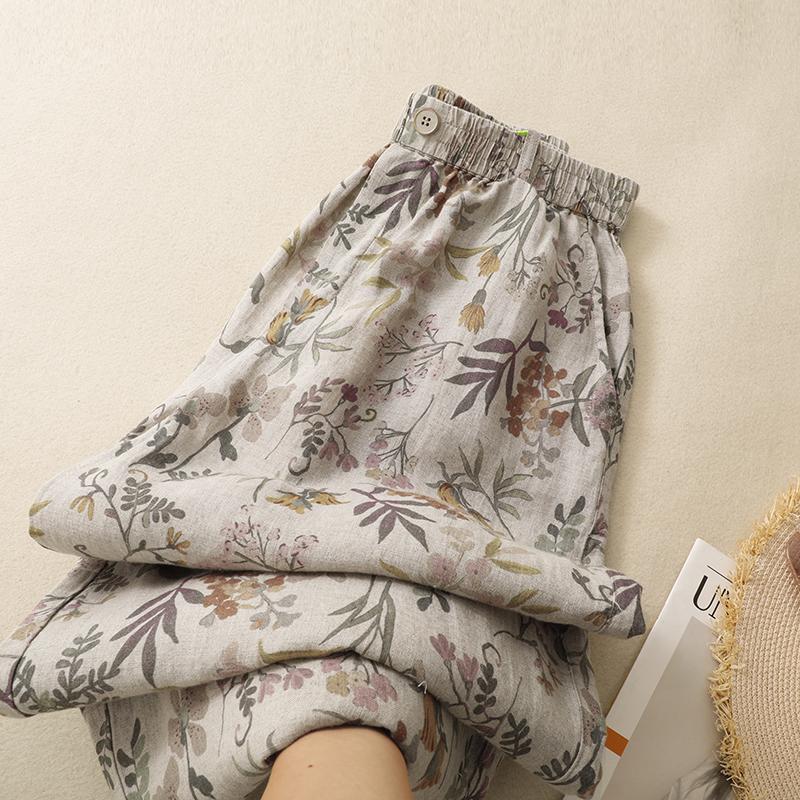 DIMANAF 2026 Summer New Plus Size Women Long Pants Cotton Linen Vintage Loose Elastic Waist Casual Lady Bottoms Print Floral