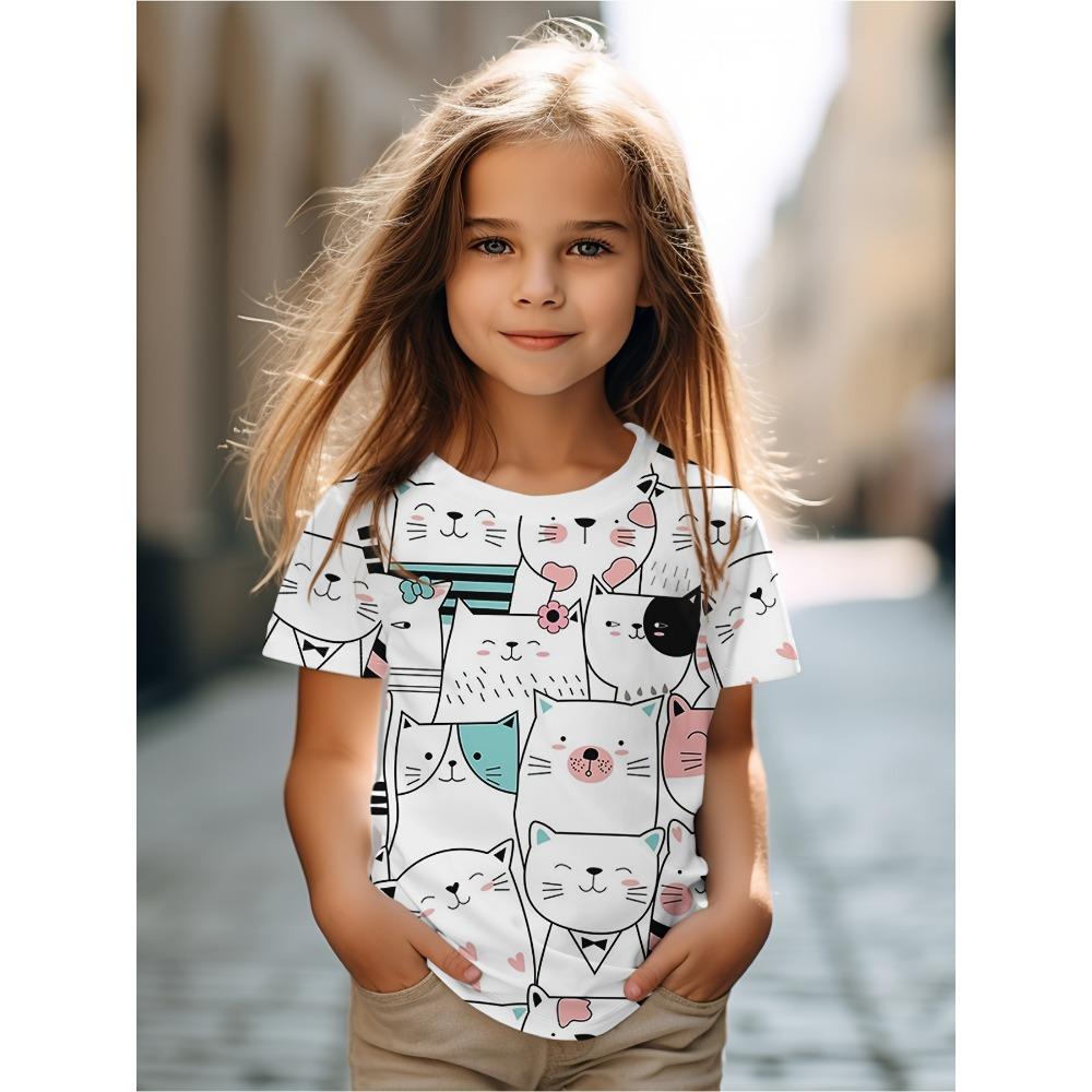 Kids Clothes Cute Cat Graphic T Shirts Short Sleeve Tops Summer Children's T-Shirt Crew Neck Child T-Shirt Cartoon Child T Shirt