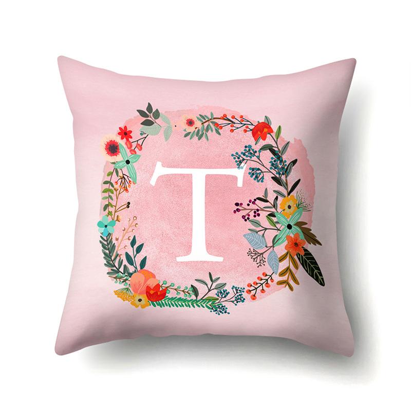 Polyester Pillowcase Pink Flower Home Decoration Print 26 English Letter Cushion Pillowcase