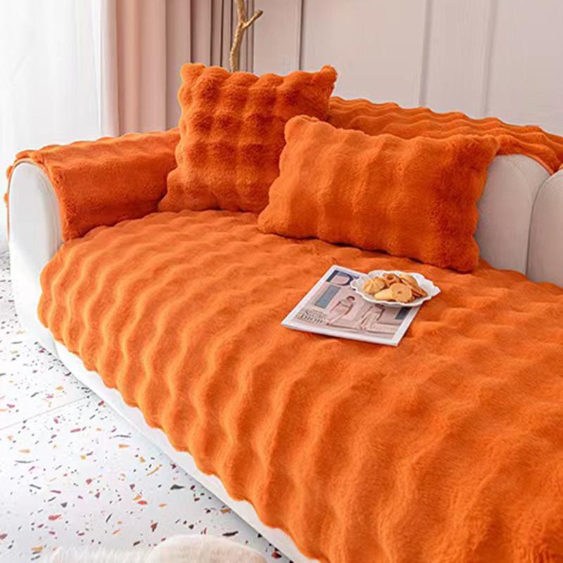 Rabbit Plush Sofa Cover Winter Thickening Warm Plush Cushions Non-Slip Living Room Leather Sofa Backrest Armrests Super Soft
