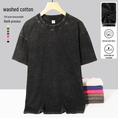 Men's Vintage Washed Cotton Oversized T-Shirt - Heavyweight, Short Sleeve, Loose Drop Shoulder, Streetwear Style, 220g