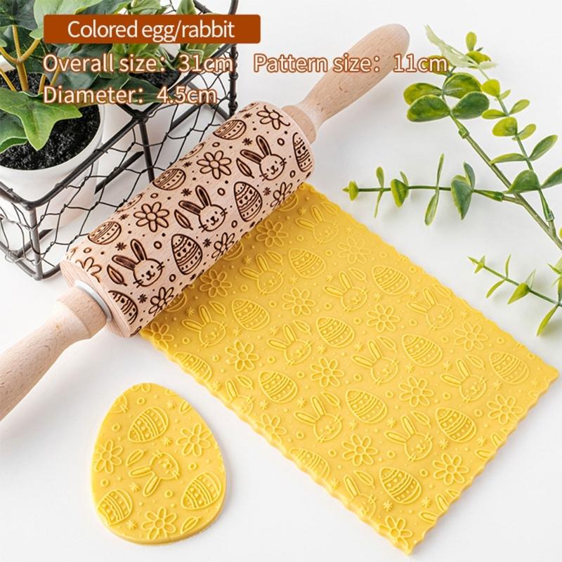 Easter Pattern Rolling Pin Rabbits Carrot Engraved Solid Wood Embossed Cookie Rolling Pin Pastry Dough Flour Roller