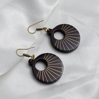 Sheesham Wood Earrings: German Silver Inlay, Optic...