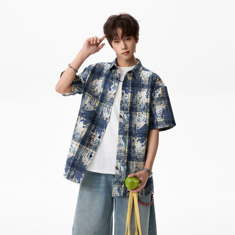 Herren Sommer Tie-Dye Color Block Kurzarmhemd - Hong Kong Stil Locker Lässig Oberteil