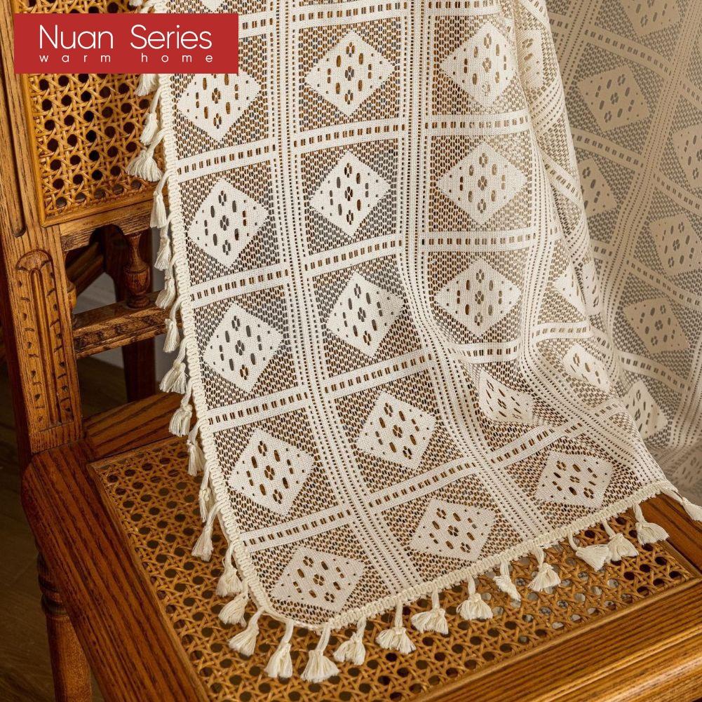 1PC Nuan Series Farmhouse Geometric Lace Oven Skirt Tassel Edge Insulated Decoration Oven Door Curtain for Kitchen Home Decor