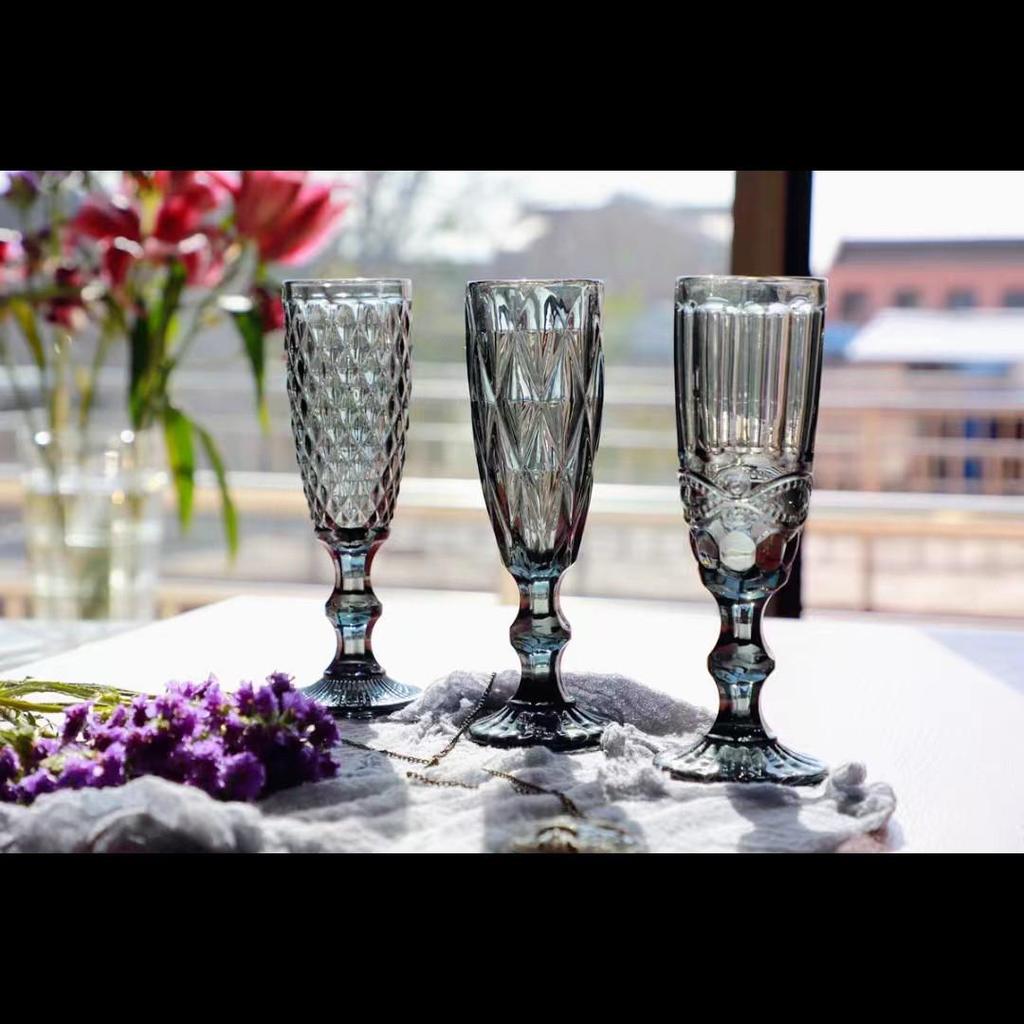 Vintage Tall-Stemmed Champagne and Wine Glasses, Embossed Thickened Juice Cups, Retro Cocktail Style