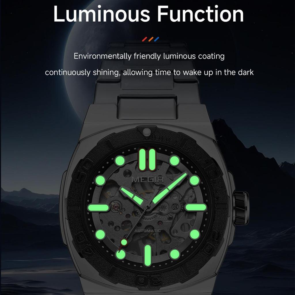 Megir Luxusní mechanické pánské hodinky Skeleton ciferník Business volnočasové náramkové hodinky Plně automatické náramkové hodinky Hodiny Relogio Masculino 8606