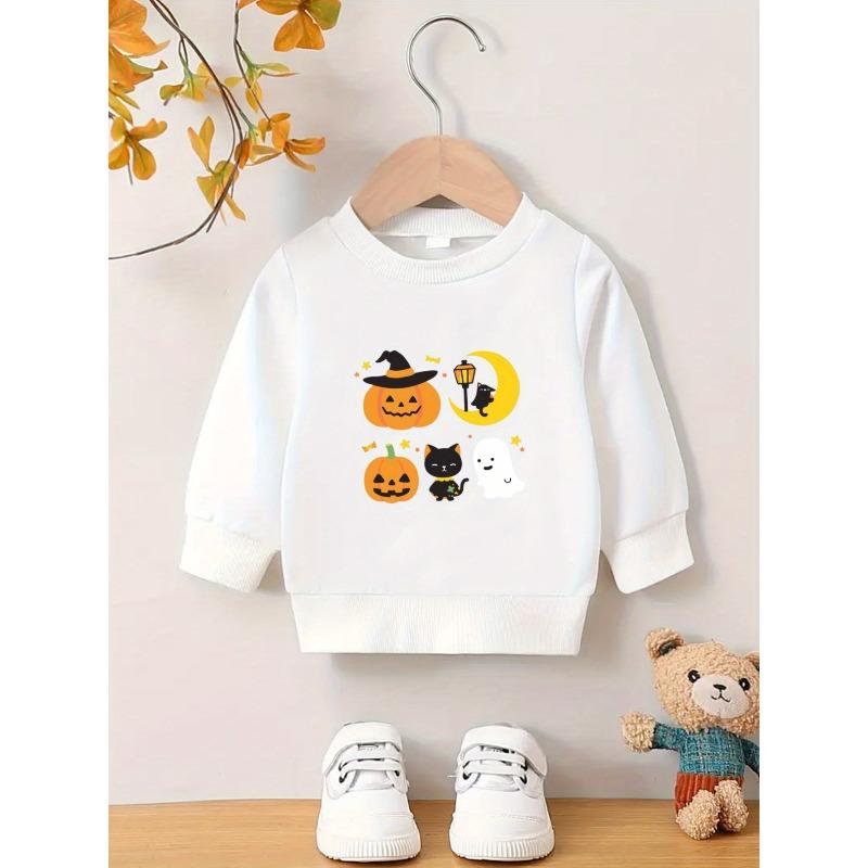 Kids Sweatshirt with Ghosts, Bats, Pumpkins & Hearts Print, Machine Washable,Cozy Fall & Spring Outfit ,Durable Casual Playwear for Everyday & Parties