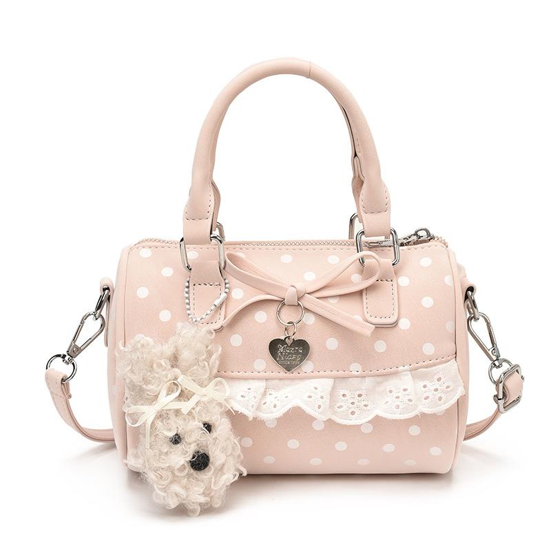 Retro Polka Dot Bow Boston Bag Korean Lace Embroidery Trim Crossbody Bag Women Cute Lolita Zippered Handbag With Pendant