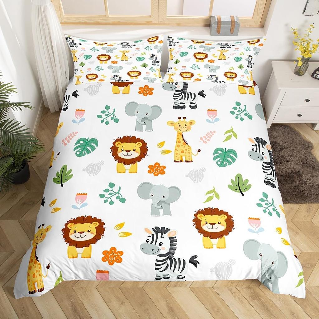 Kawaii Lion Duvet Cover Set Twin King For Kids Boys Girls Cartoon Animal Bedding Set Microfiber Wild Animals Theme Quilt Cover