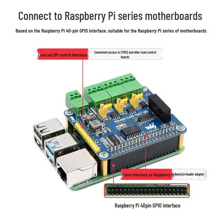 Raspberry Pi 4B RS485/CAN Expansion Board with SPI Interface and Magnetic Coupling Isolation