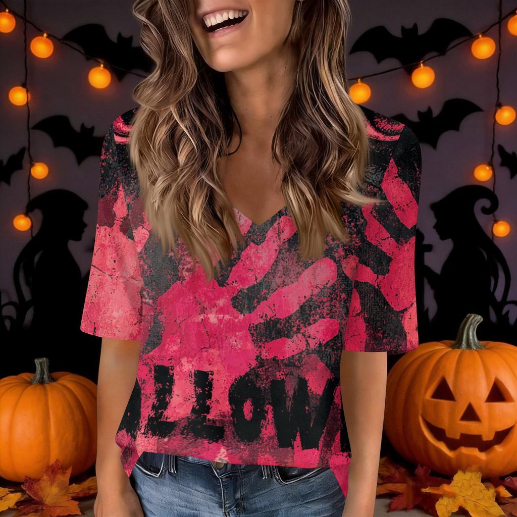 Women's Casual V-Neck Short Sleeve Blouse with Halloween Print