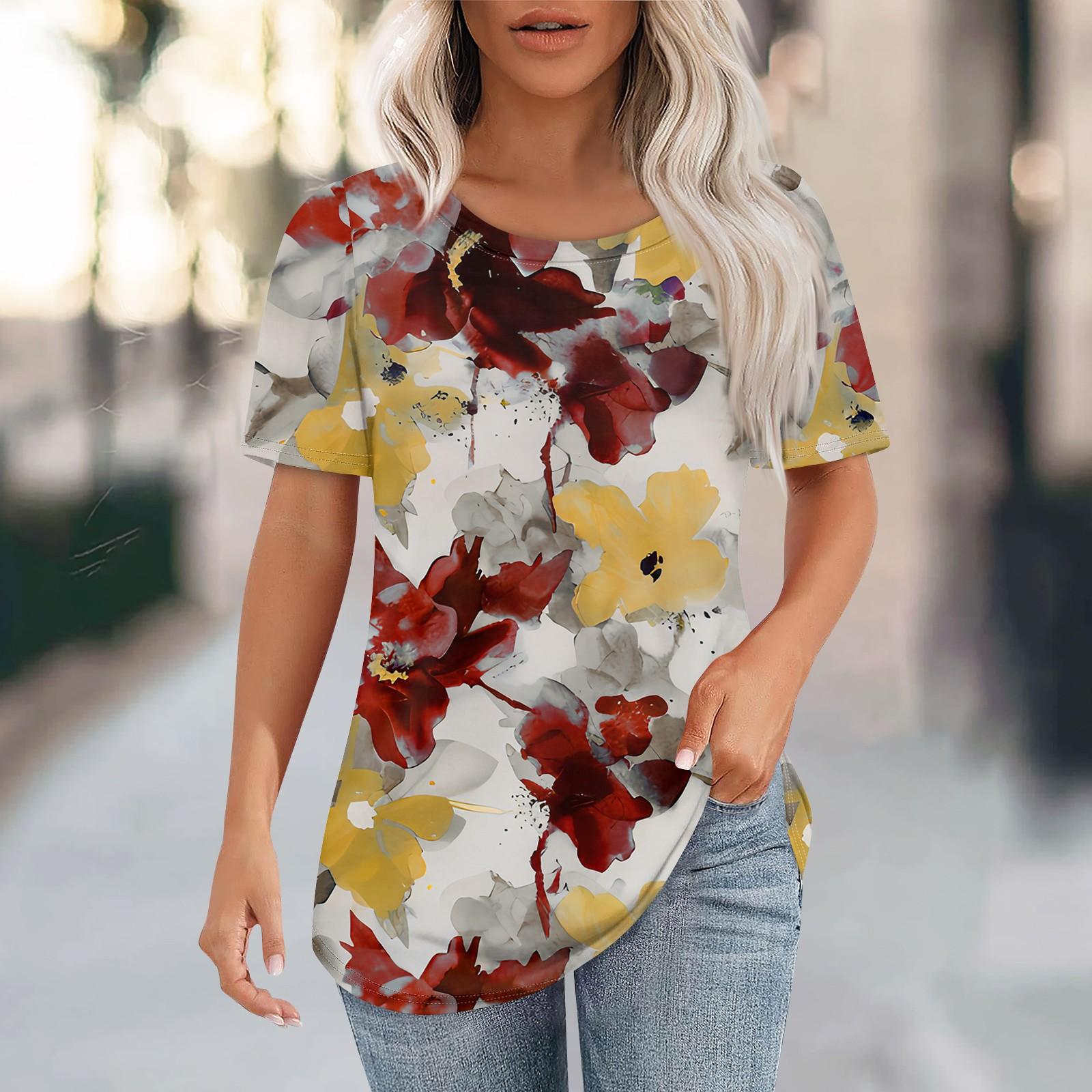 

Футболки для женщин, плиссированные, с круглым вырезом, нарядные, повседневные, блузки с принтом, с коротким рукавом, летние топы, свободный крой XXL винный