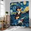 Funny Pirate Dog Riding Shark Shower Curtain Starry Ocean Sea Waves Cute Corgi Surfing Creative Hilarious Bathroom Decor Curtain