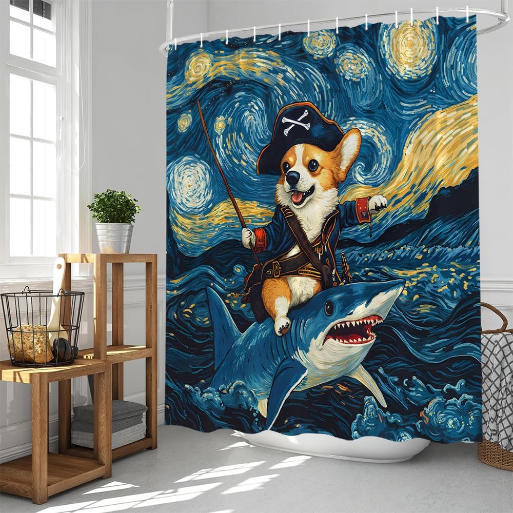 Funny Pirate Dog Riding Shark Shower Curtain Starry Ocean Sea Waves Cute Corgi Surfing Creative Hilarious Bathroom Decor Curtain