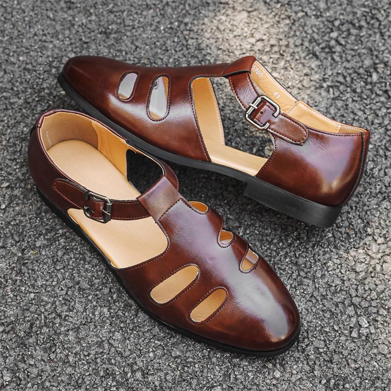 Summer Casual Flat Shoes Men High Quality Leather Sandals Buckle Solid Color Weave Breathable Vintage Men Gladiator Sandals