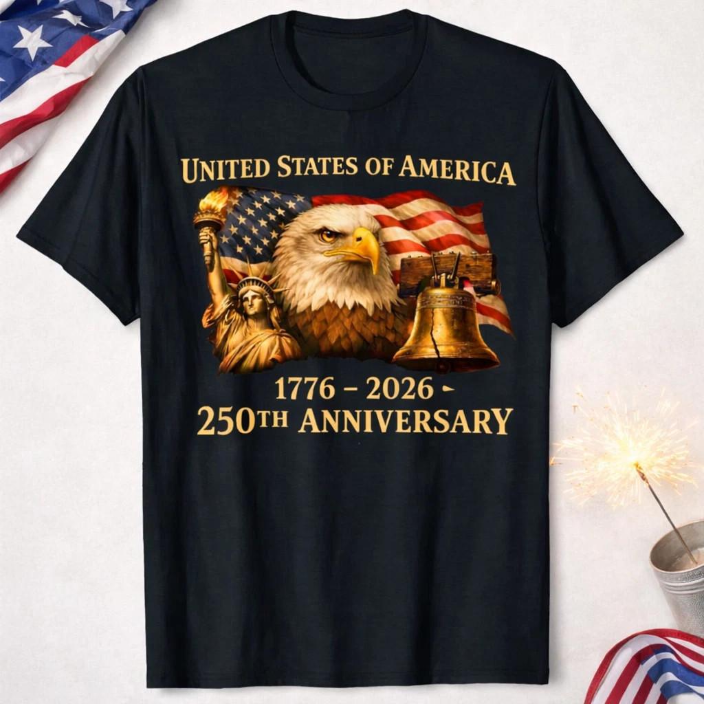 USA 250th Anniversary T-Shirt 1776-2026 Patriotic Eagle Liberty Bell Tee Black S