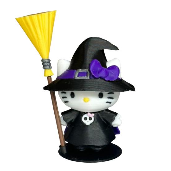 Halloween Witch Cat Figurine Cute 3D Printed Small Cat Witch Statue for Halloween Indoor Home Tabletop Shelf Decor