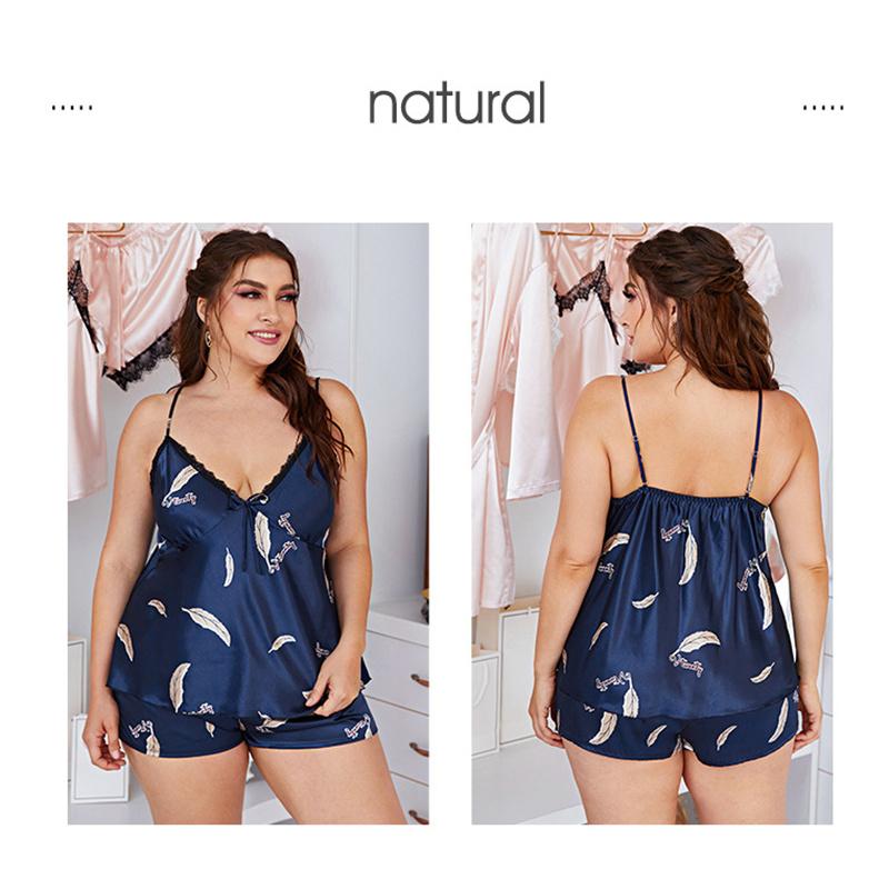 Conjunto de dos piezas de talla grande para mujer, con escote en V, sexy, de encaje, con tirantes y pantalones cortos, ropa de dormir informal, camisón, ropa de casa, pijama