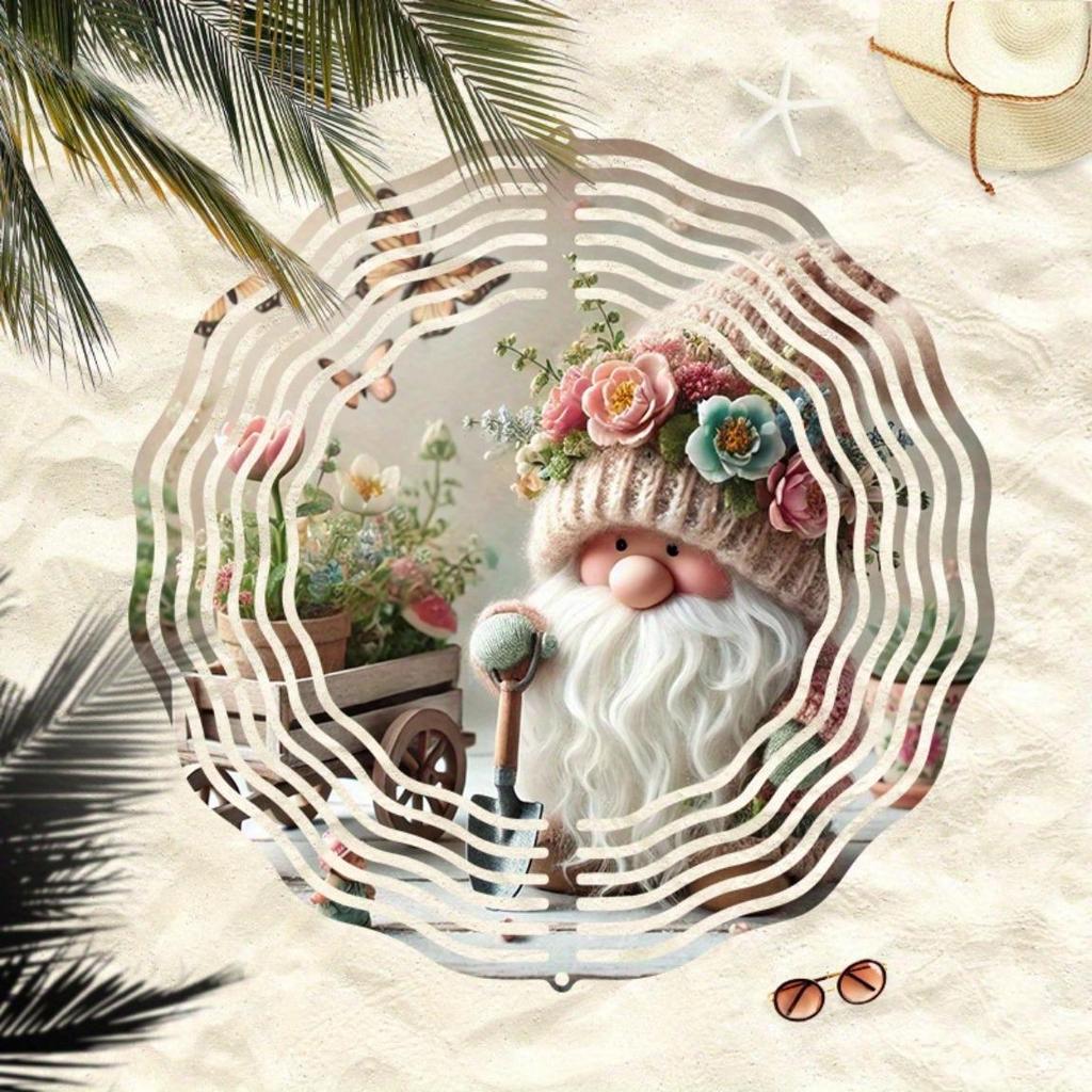 Garden Gnome Wind Chime Outdoor Hanging Decor with Floral Hat for Patio Wedding Birthday Christmas Gift Holiday Metal Weather Resistant