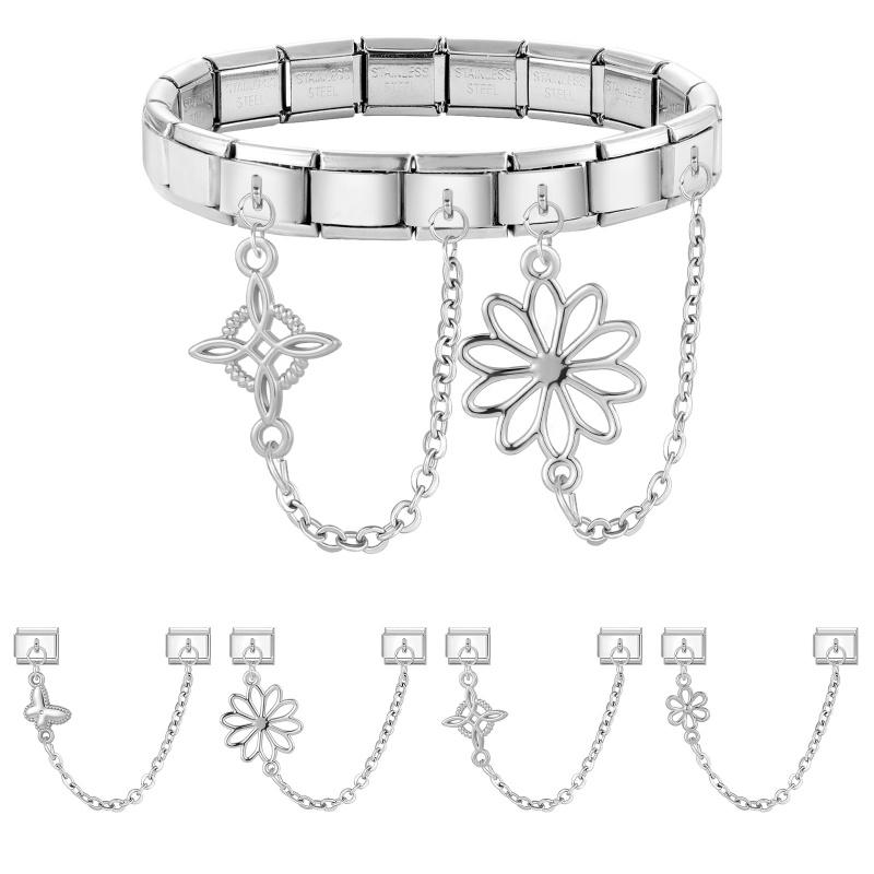 Vintage Butterfly Flowers Star Moon Chain Tassel Italian Charm Link Fit 9mm Stainless Steel Bracelet Women Men DIY Making Gift