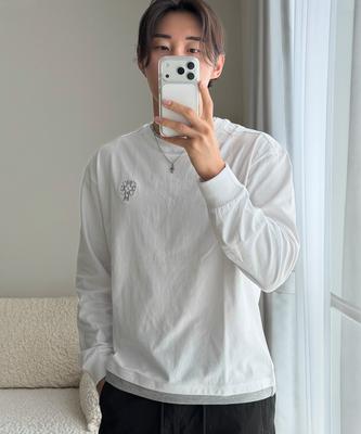 KNITTED Layered Long Sleeve Embroidered T-Shirt White/Grey