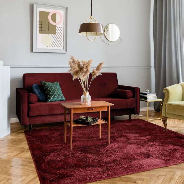 Tapis salon à base fine souple extra doux rouge bourgogne 160x230