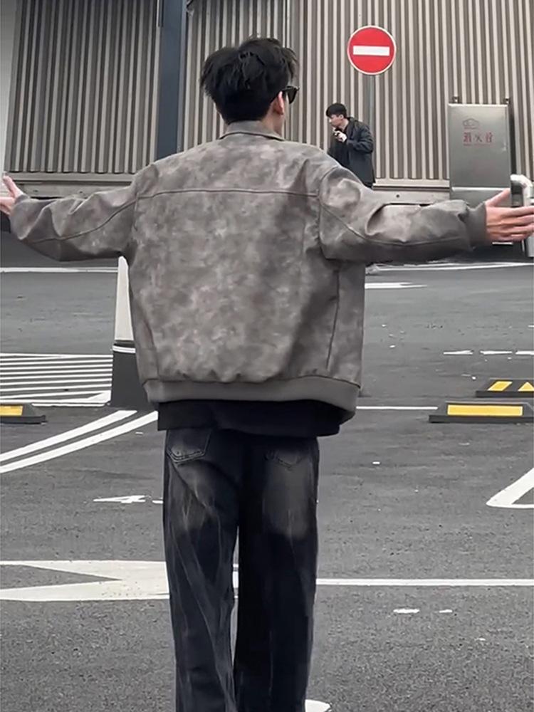 Cleanfit gray short leather jacket American ruffian handsome high-end men's vintage lapel locomotive leather jacket