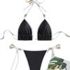 Color Block Tie Thong Sexy Two Piece Bikini Set Elegant Comfortable Swimwear