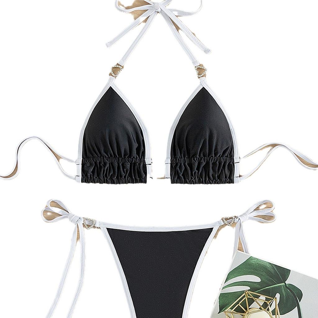 Color Block Tie Thong Sexy Two Piece Bikini Set Elegant Comfortable Swimwear