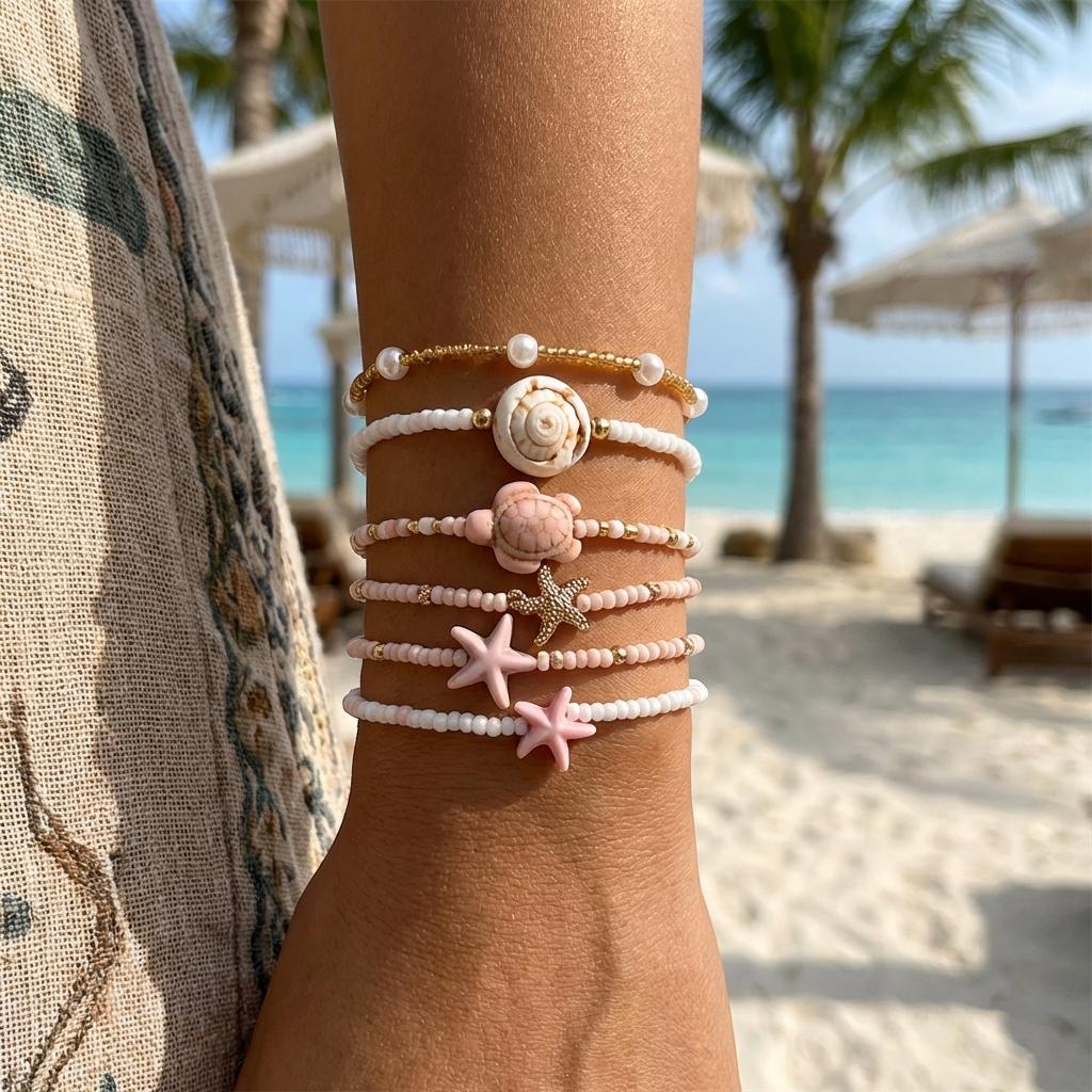 Bohemian Starfish Turtle Shell Beaded Bracelet Set for Women Handmade Multilayer Stacked Bracelets Summer Beach Party Jewelry