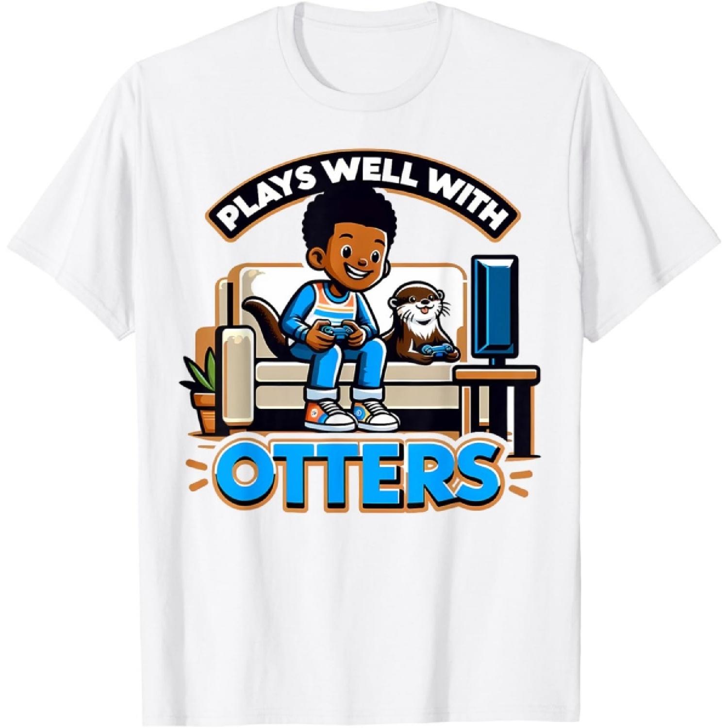 Funny African American Gamer Boy Plays Well With Otters T-Shirt XXXXXL белый