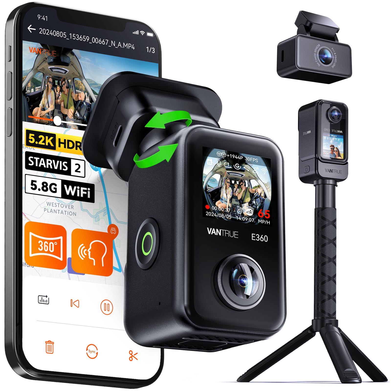 

VANTRUE E360 ACE 360° Surround + Rear Camera Drive Recorder, Steering Wheel Action Camera, 3 Cameras, Front & Rear, Dual-Use, 5.2K + 1440P Surround Re