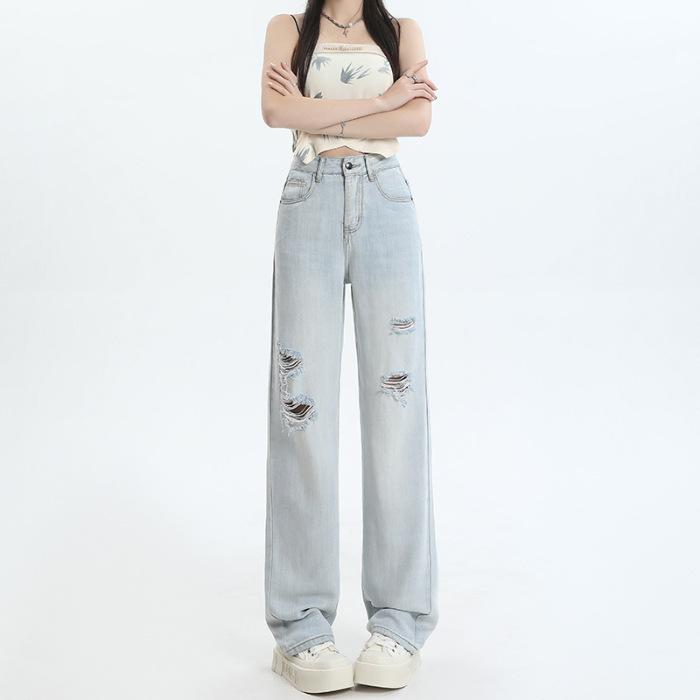 Summer Lyocell Tencel Narrow Wide Leg Tummy Control High Waist Soft Drape Slim Denim Pants Ladies Casual Pants Oversize Denim Trousers