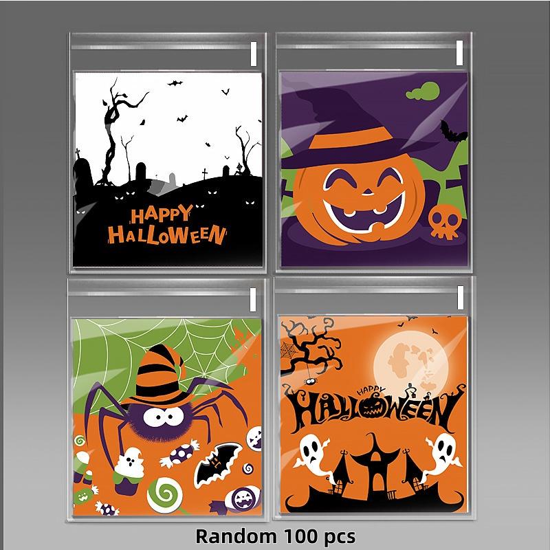 100Pcs Halloween Self Adhesive Treat Bags With Cute Spooky Prints For Packing Candies Cookies Halloween Party Favors