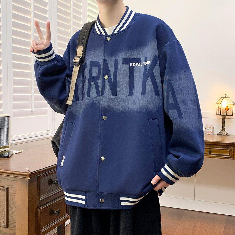 Men's Spring/Fall American Baseball Jacket: Trendy Hong Kong Style for Teens with Round Neck and Stylish Print