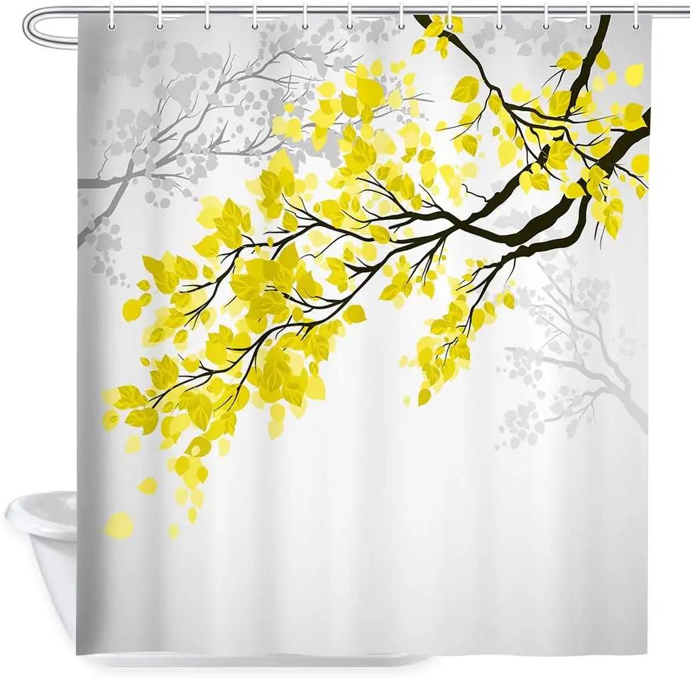 

Leaf Shower Curtains Set Yellow And Grey Leaves Tree Branch Art Printing Polyester Fabric Bath Curtain For Bathroom, With Hooks 90x180cm-35x70in