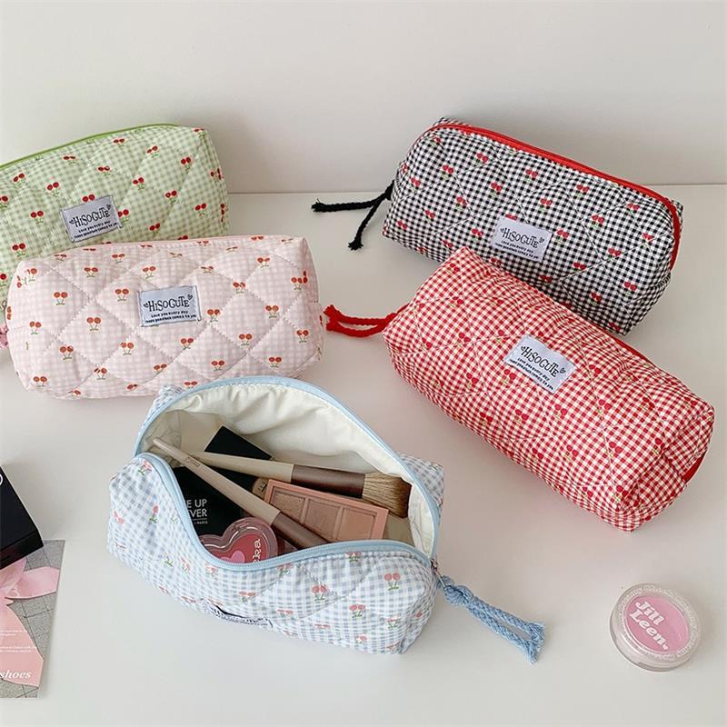 Cute Cherry Plaid Large Capacity Pencil Case Student Stationery Bag Ladies Cosmetic Bags Portable Clutch Purse Storage Bag Gifts