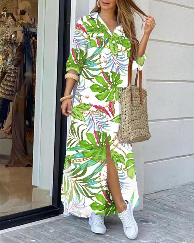 Fashion Long Sleeve Print Women Loose Fit Casual Maxi Dress