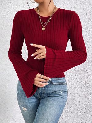 Rotes Rundhals-Glockenärmel-T-Shirt für Damen Herbst Winter Elegant Pendeln Vielseitiges Oberteil