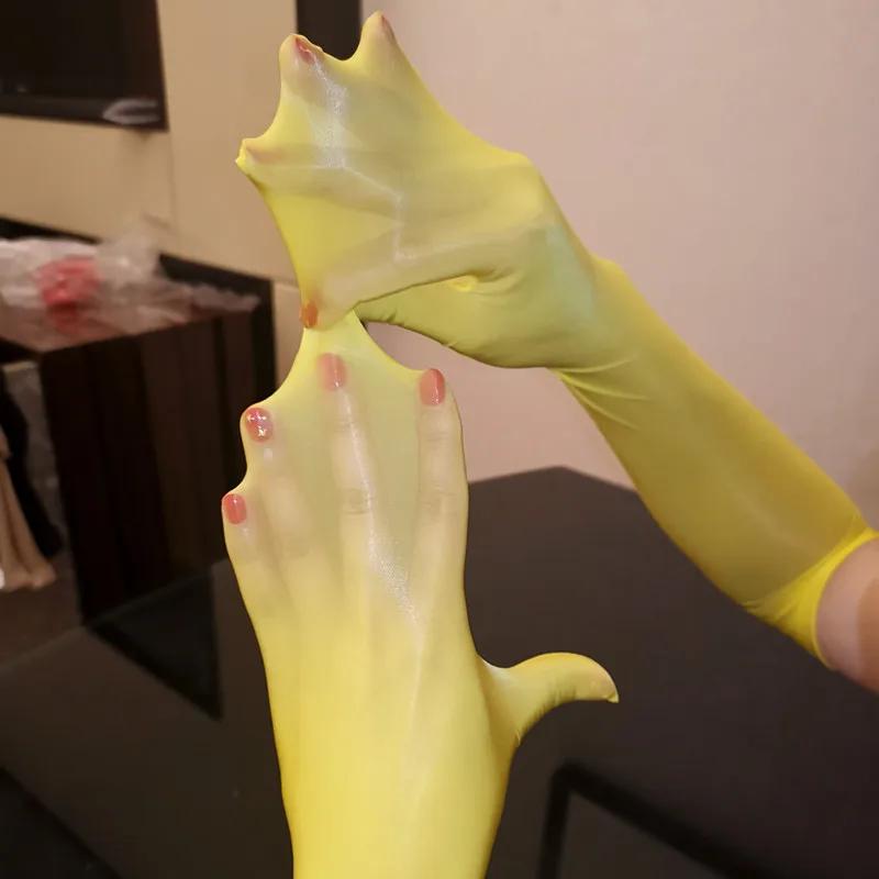 Damen Sexy Transparente Handschuhe Öl Glänzend Ultra Dünne Fäustlinge Cosplay Kostüm Erotisch Glatt Durchsichtig Lange Strümpfe Handschuhe Free Size brown
