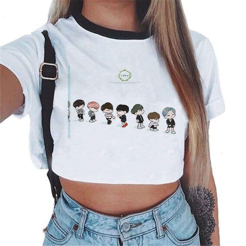 Kpop Bts Bangtan Boys Kortärmad Damtopp Med Söt Figurdesign Perfekt För Sommaren