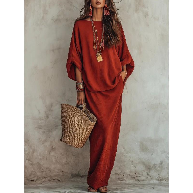 2026 Womens Loose Fit Solid Color Two-Piece Set T-Shirt Midi Skirt Casual Outfit