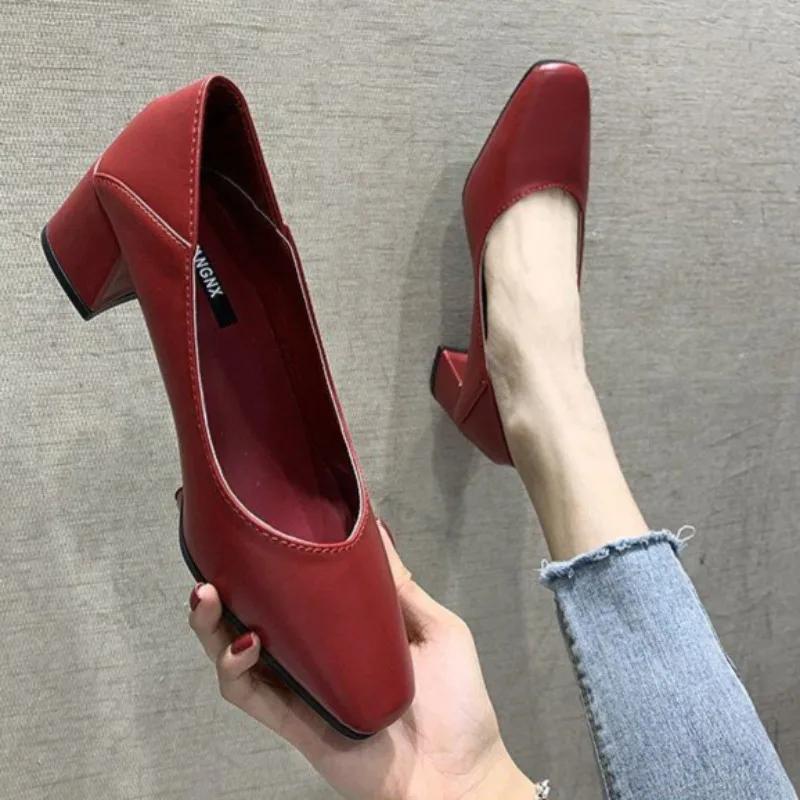 Fashion Chunky Heels Block Heel Women's Shoes Square Toe Ladies Pumps with Medium Y2k Elegant Dress Chic Young on Promotion High Quality